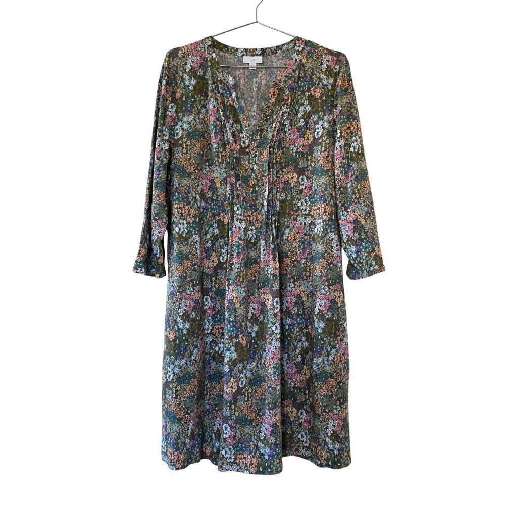 J Jill Floral Dress Green Pink Women Size L Boho Cottagecore Rayon